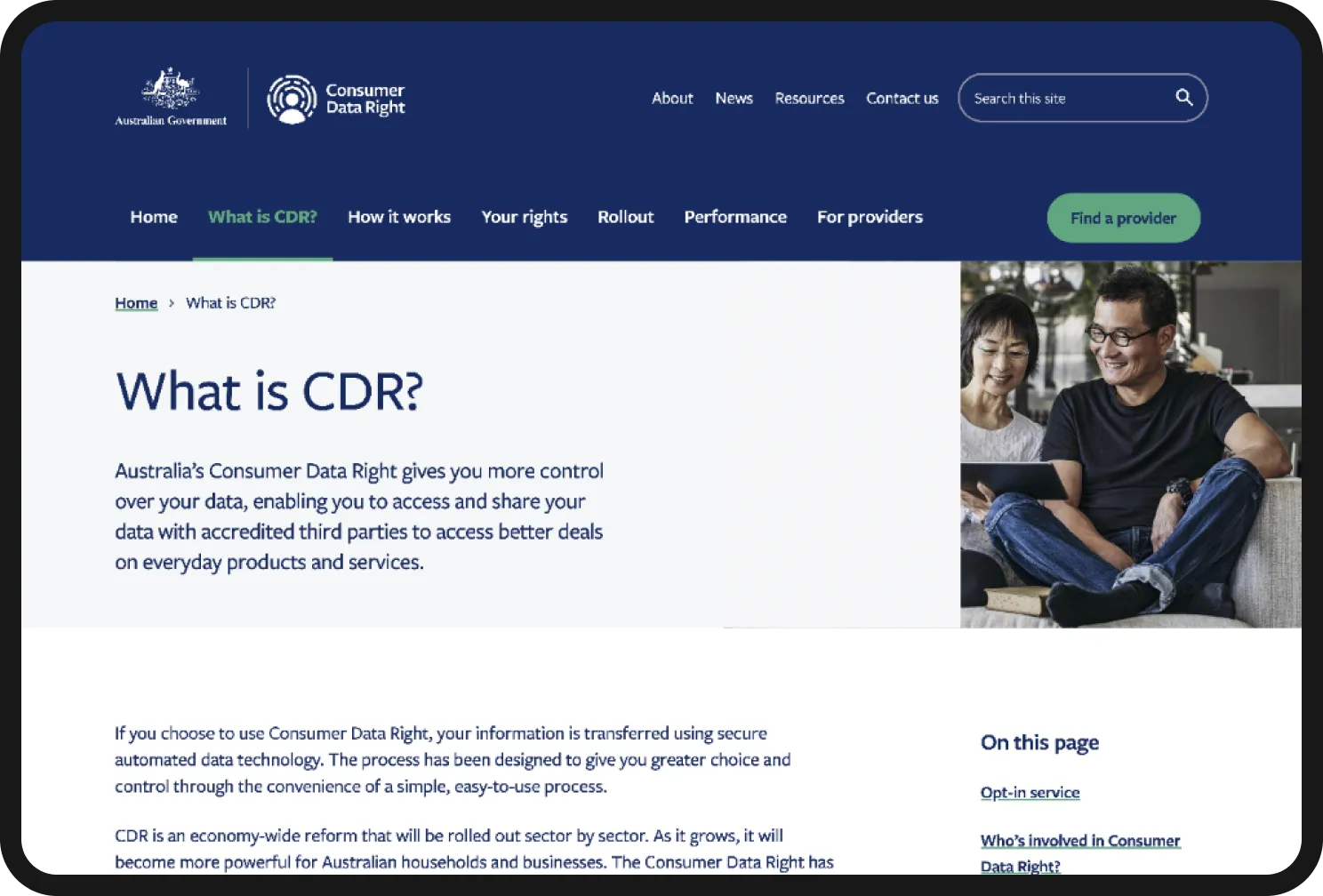 Screenshot of a Consumer Data Right page titled 'What is CDR?'