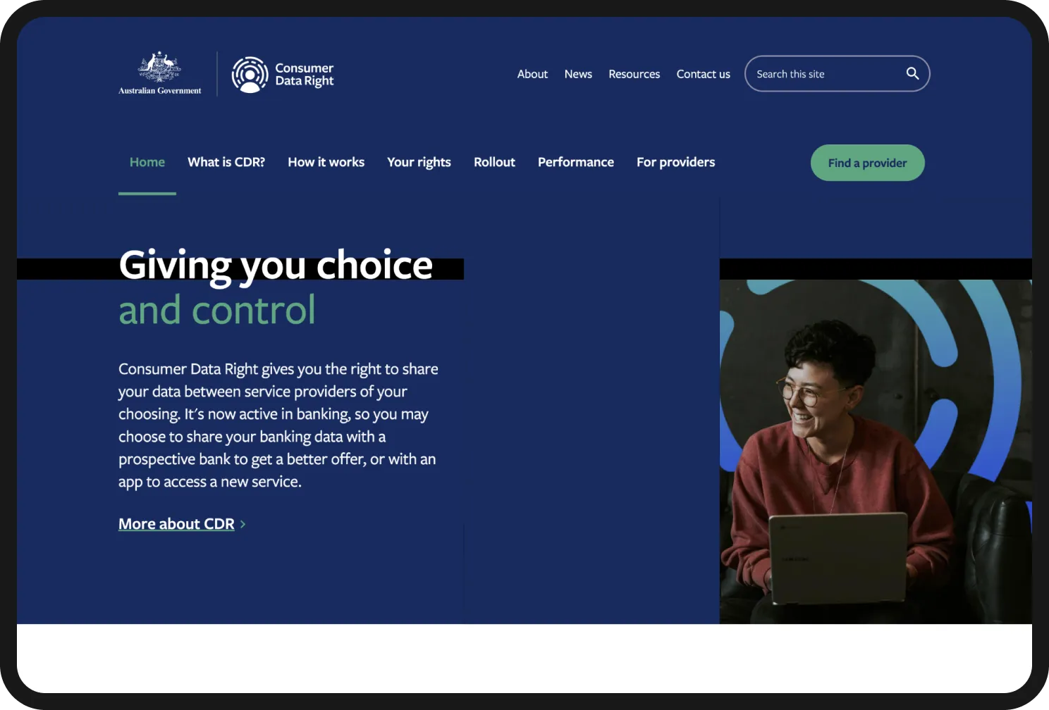 Screenshot of the Consumer Data Right homepage.