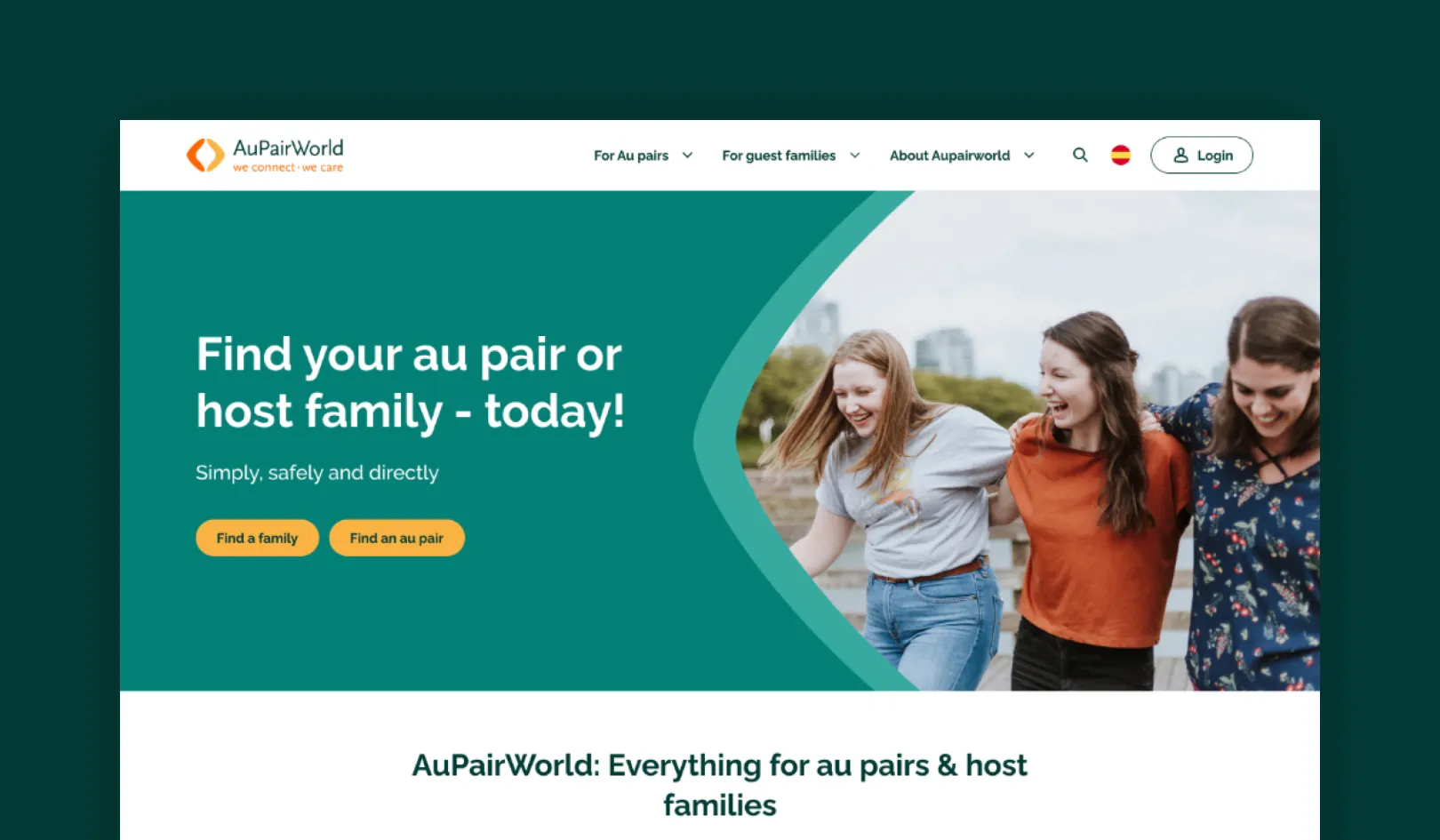 Home page of the AuPairWorld website 