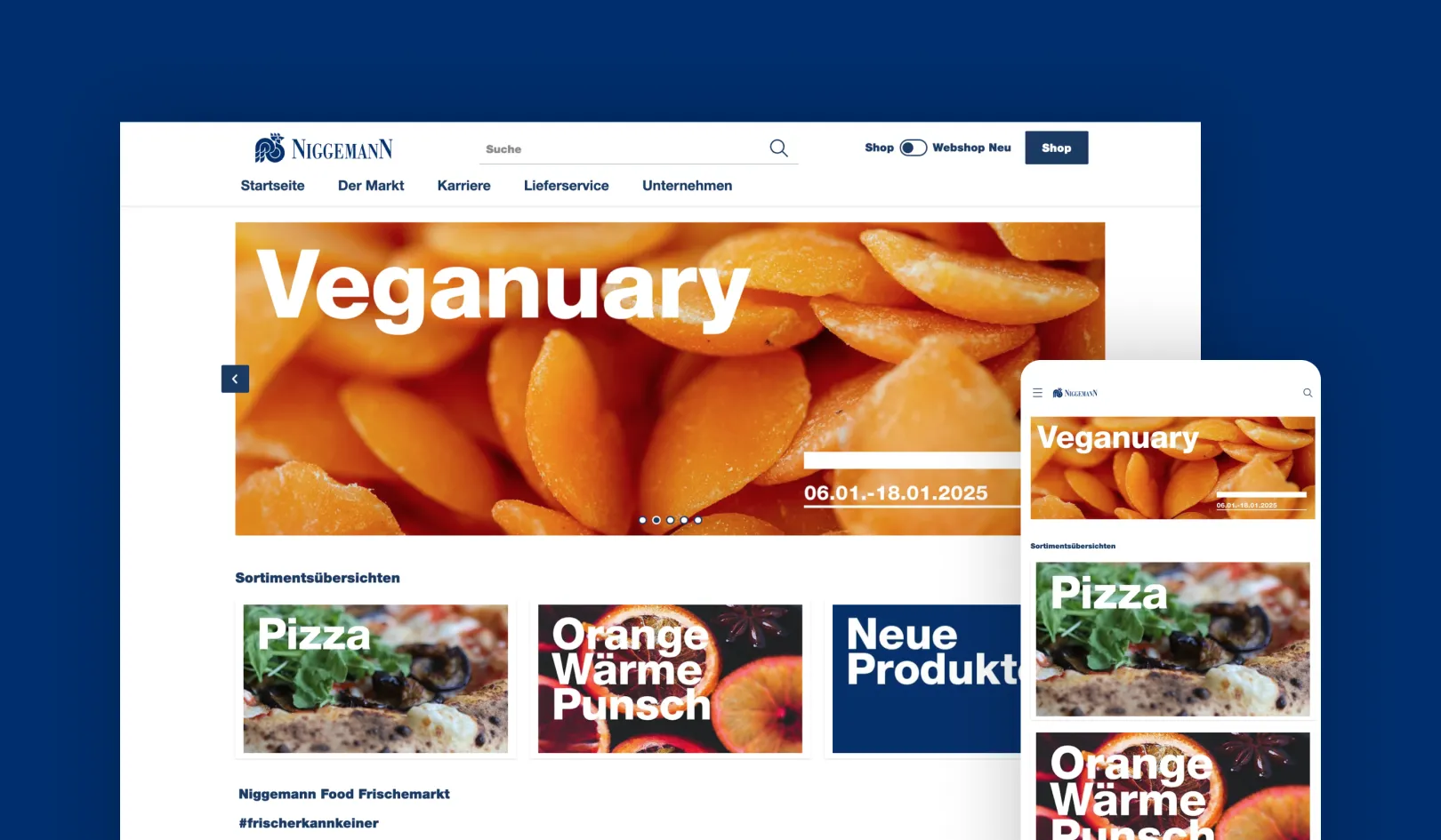 Home page of the Niggemann B2B web shop displayed on screen and mobile 