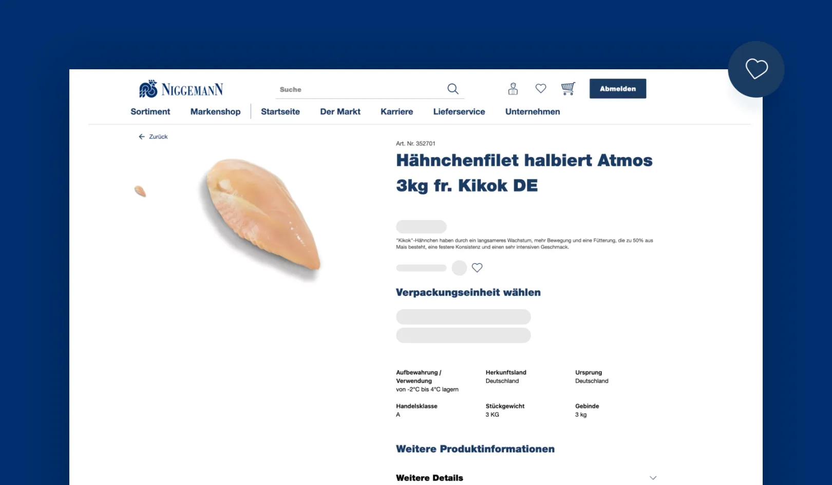 Screenshot of details of a product selection 