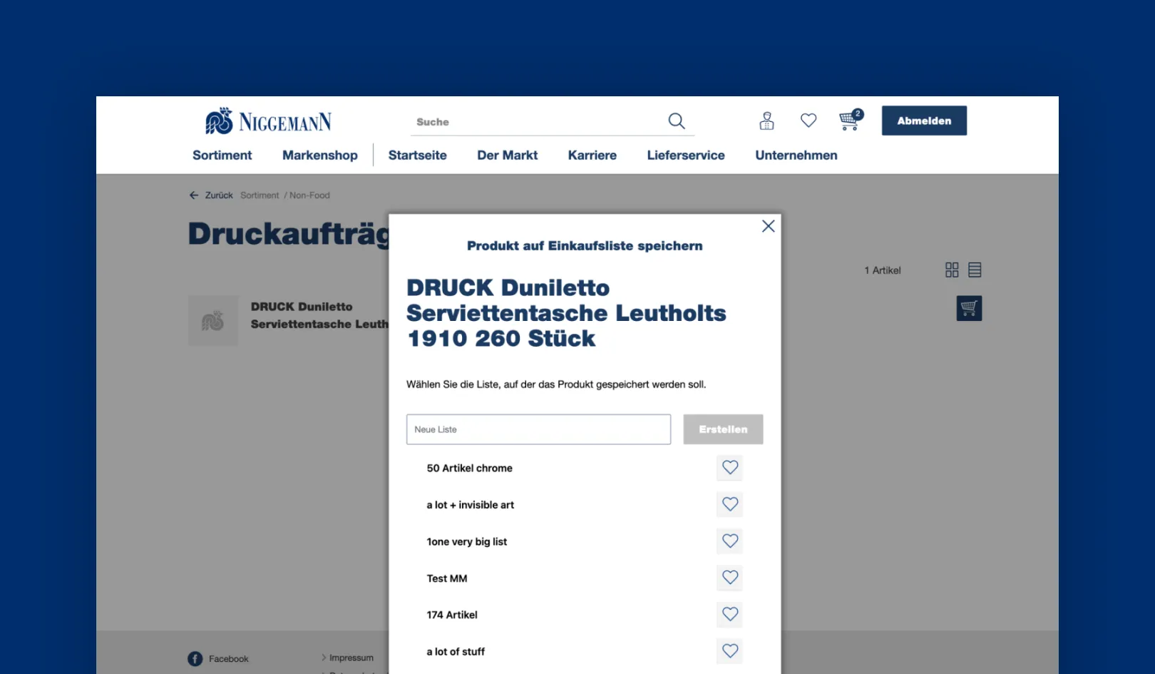 Screenshot showing product selection pages on the Niggemann web shop