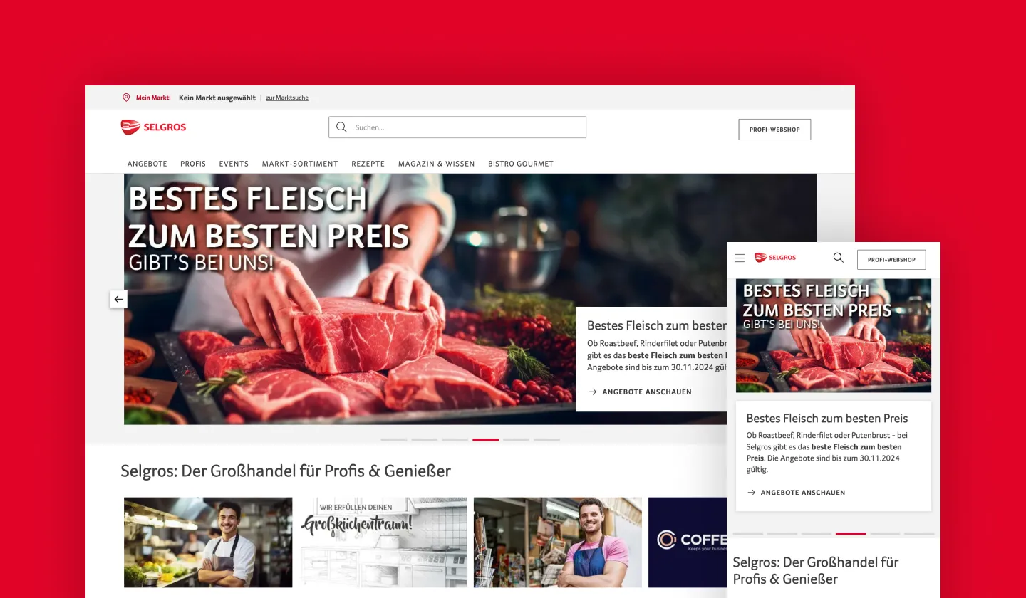 Home page and Selgros mobile app display