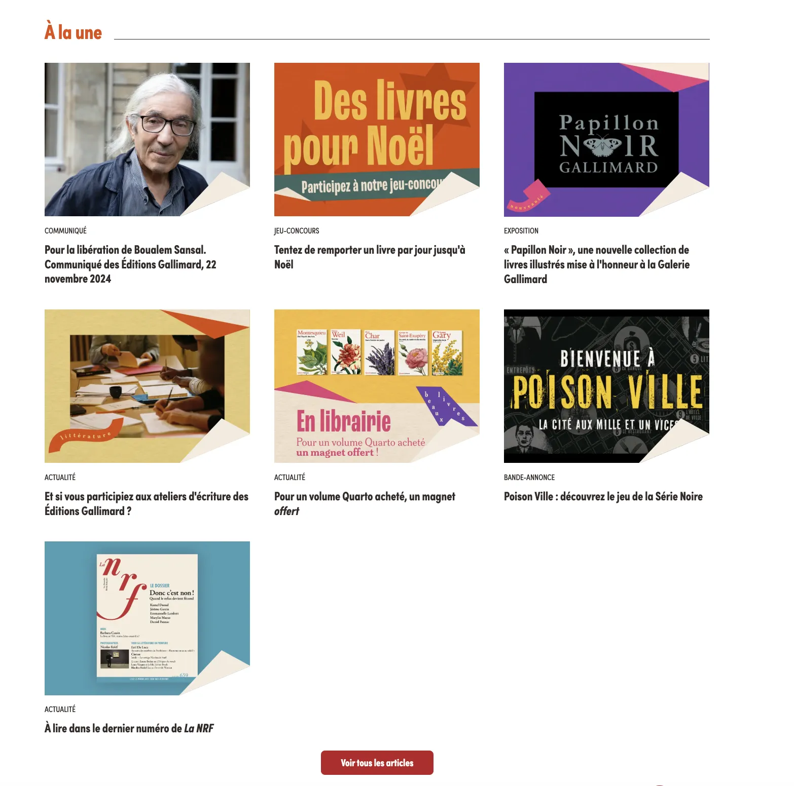 Screenshot of a page showing the latest Gallimard news