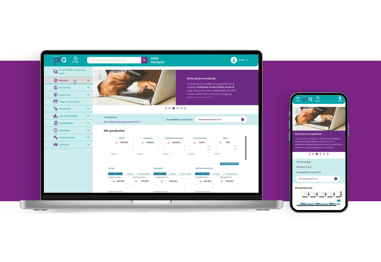 Grupo Éxito Providers Portal homepage interface