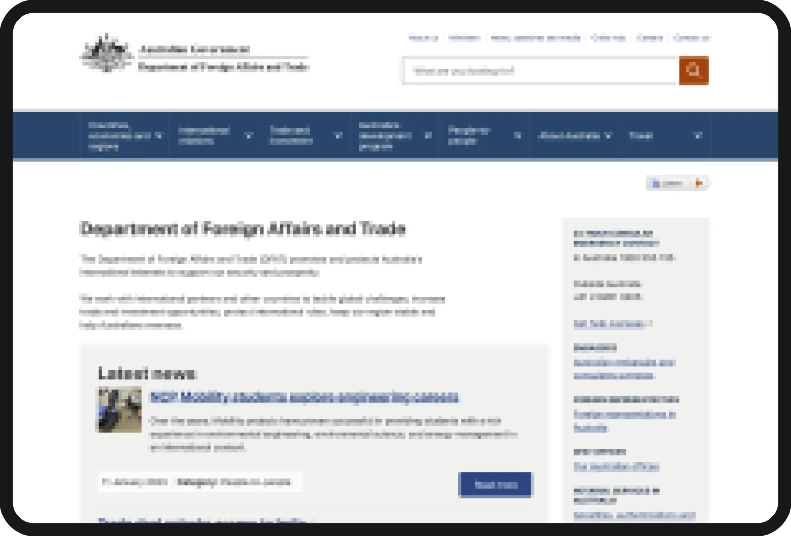 Screenshot of the homepage for Australia's Department of Foreign Affairs.
