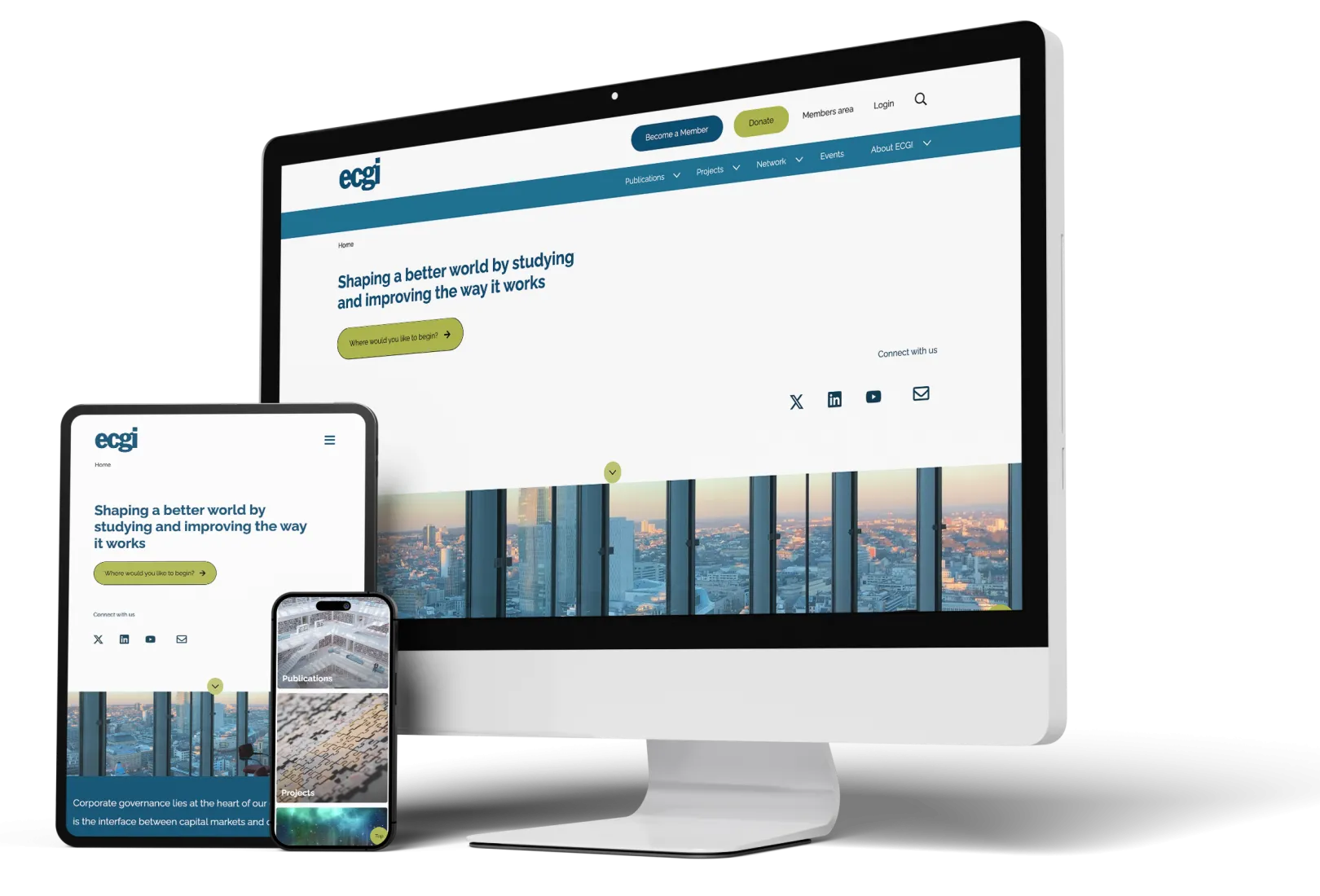European Corporate Governance Institute's new website shown on different sized devices