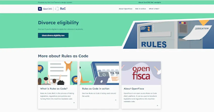 Homepage of divorce eligibility Rules as Code proof of concept.
