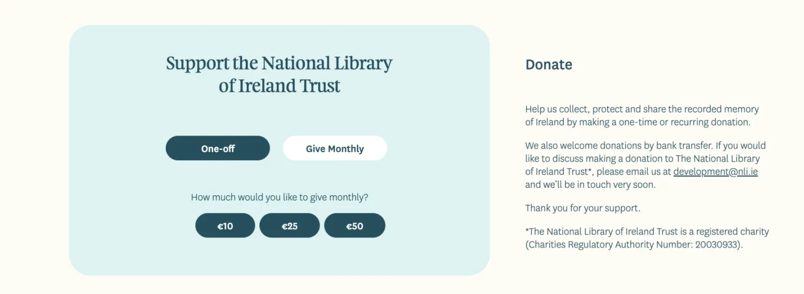 Screenshot of the donation widget on the NLI website showing options to donate monthly or once-off