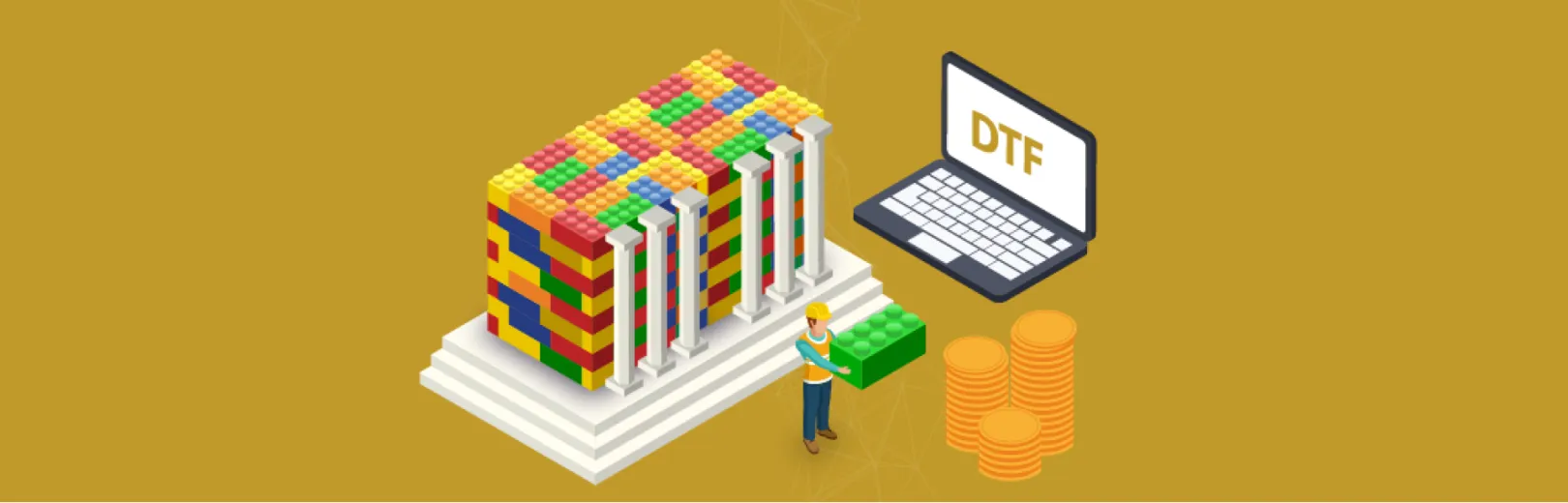 A stack of colourful Legos and a laptop with DTF logo on it on a yellow background. In the foreground, a graphical man holding a green lego piece and 3 stacks of coins.