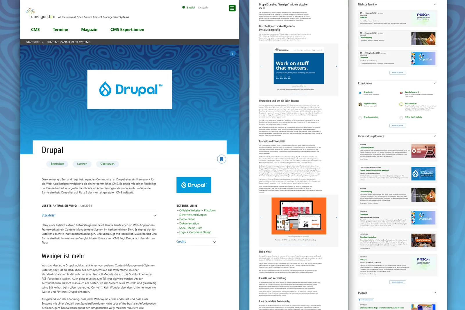 Excerpts from a longer Drupal profile page side by side