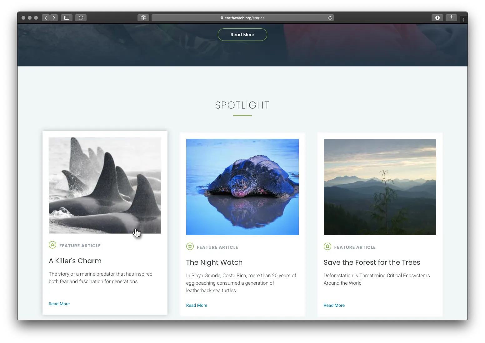 Screenshot of the Stories landing page, showing a hover effect on a story card