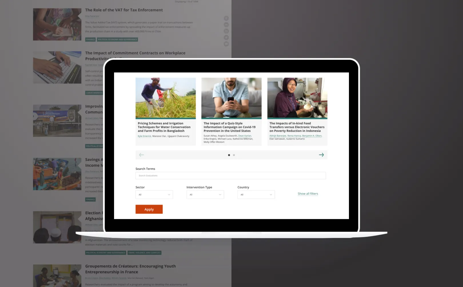 research evaluation search landing page