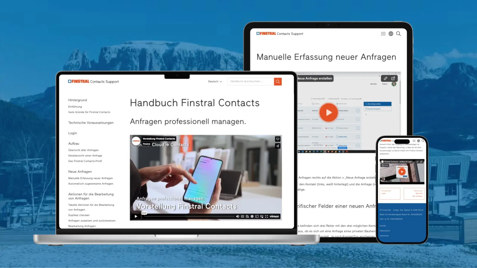 Images shows the interface of Finstral Support, a digital handbook for their partners, on the following devices: Smartphone, tablet and laptop