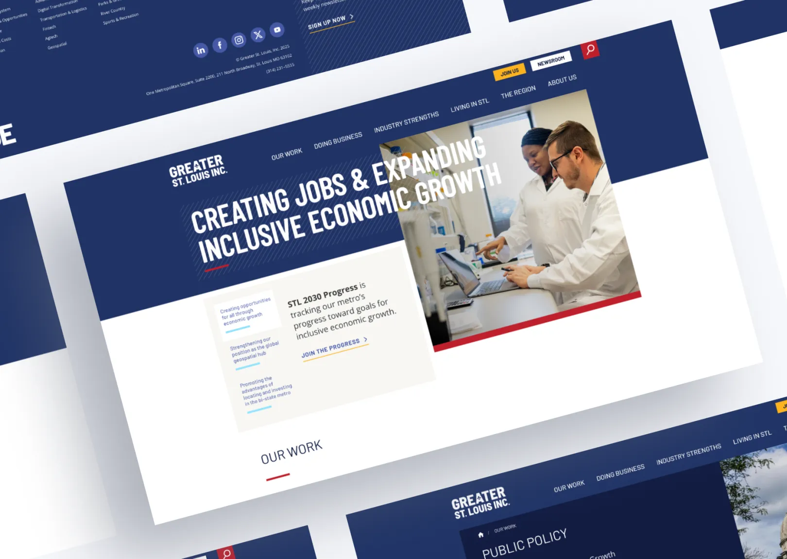 A mockup for the Greater St. Louis Home page surrounded by other pages on the website