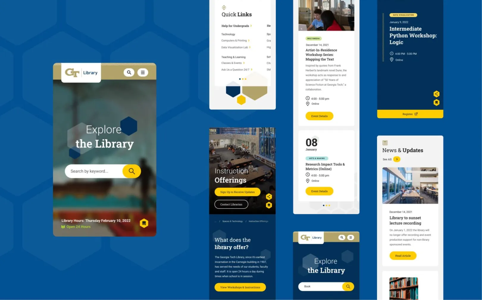 A series of screenshots from the Georgia Tech Library mobile view