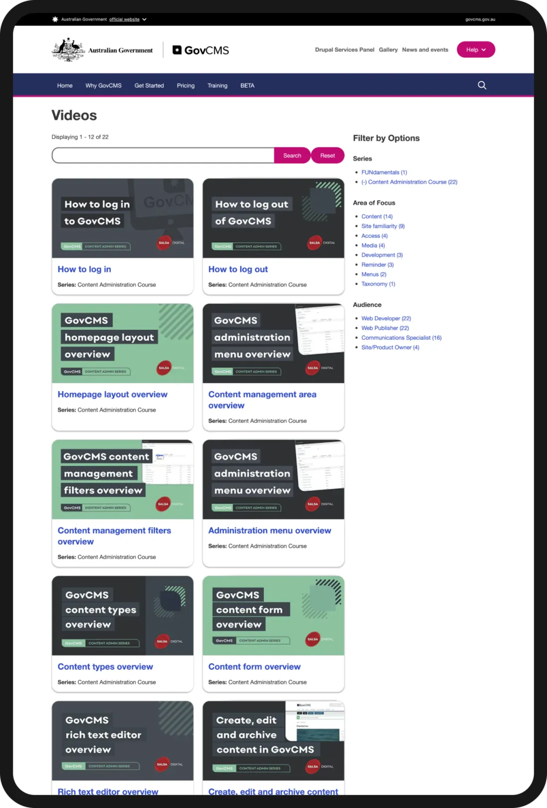 Screenshot of the GovCMS website page with the training video thumbnails displayed.