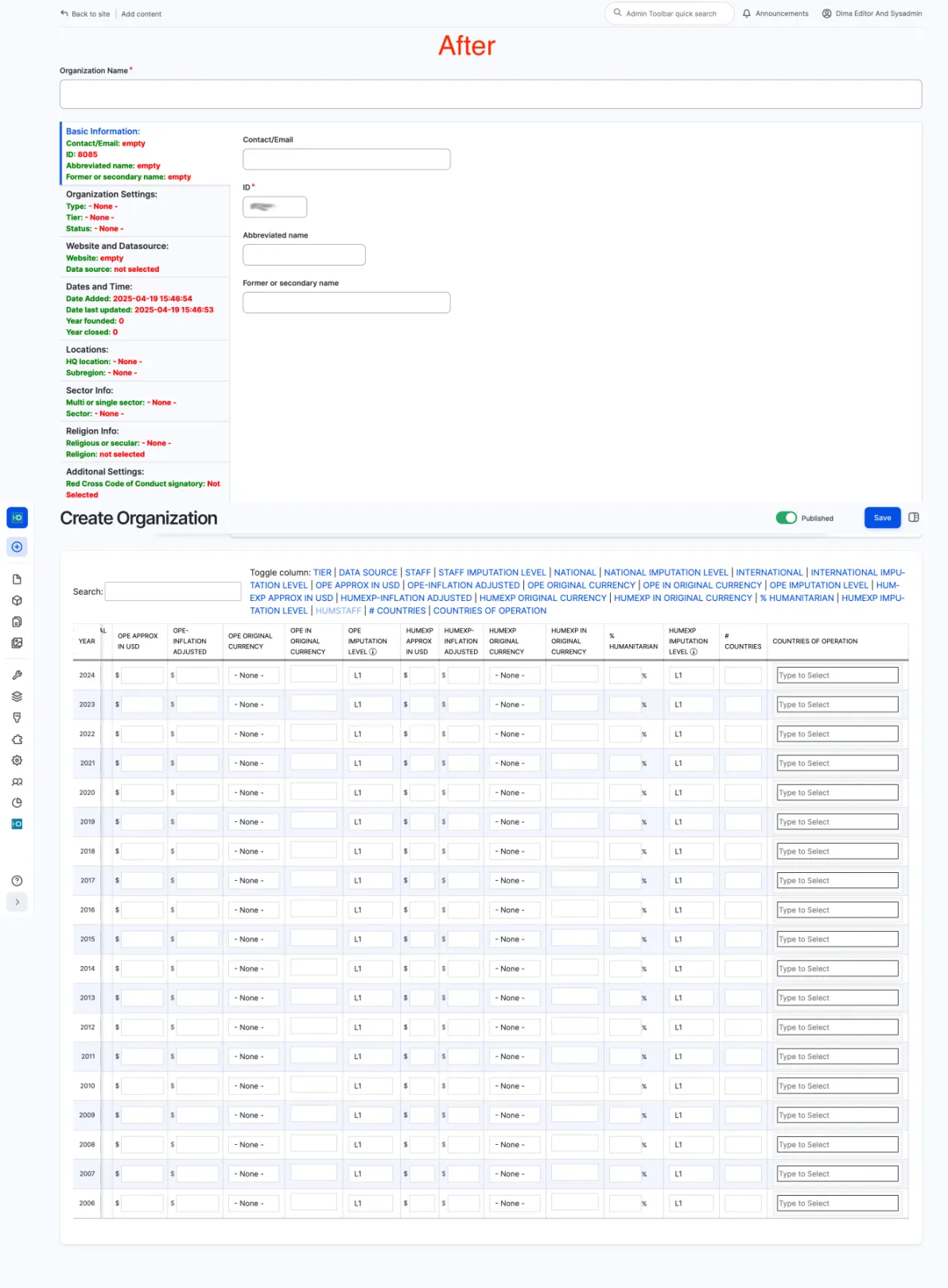 Humanitarian Outcomes Website Organization Edit Form After optimizations