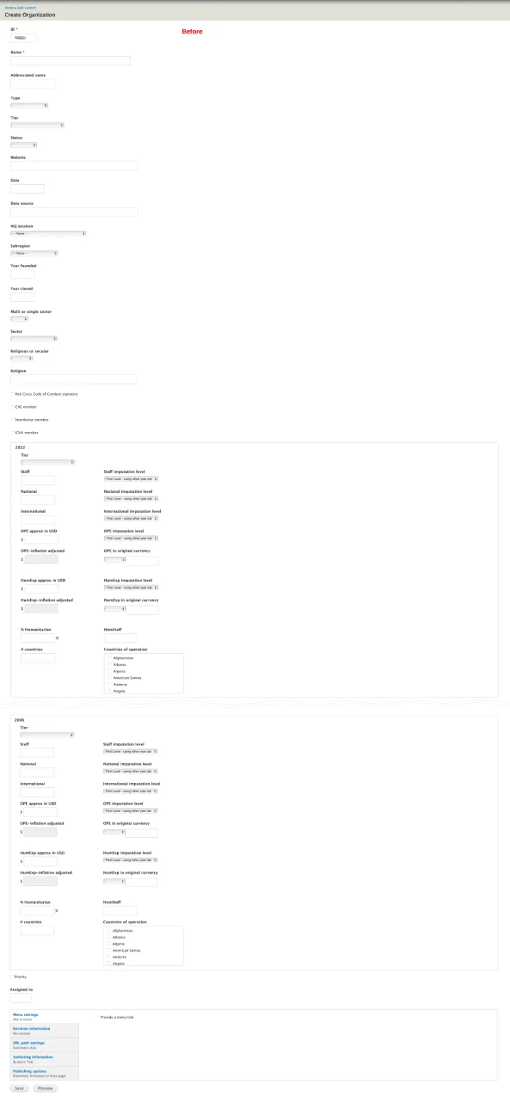 Humanitarian Outcomes Website Organization Edit Form before optimizations