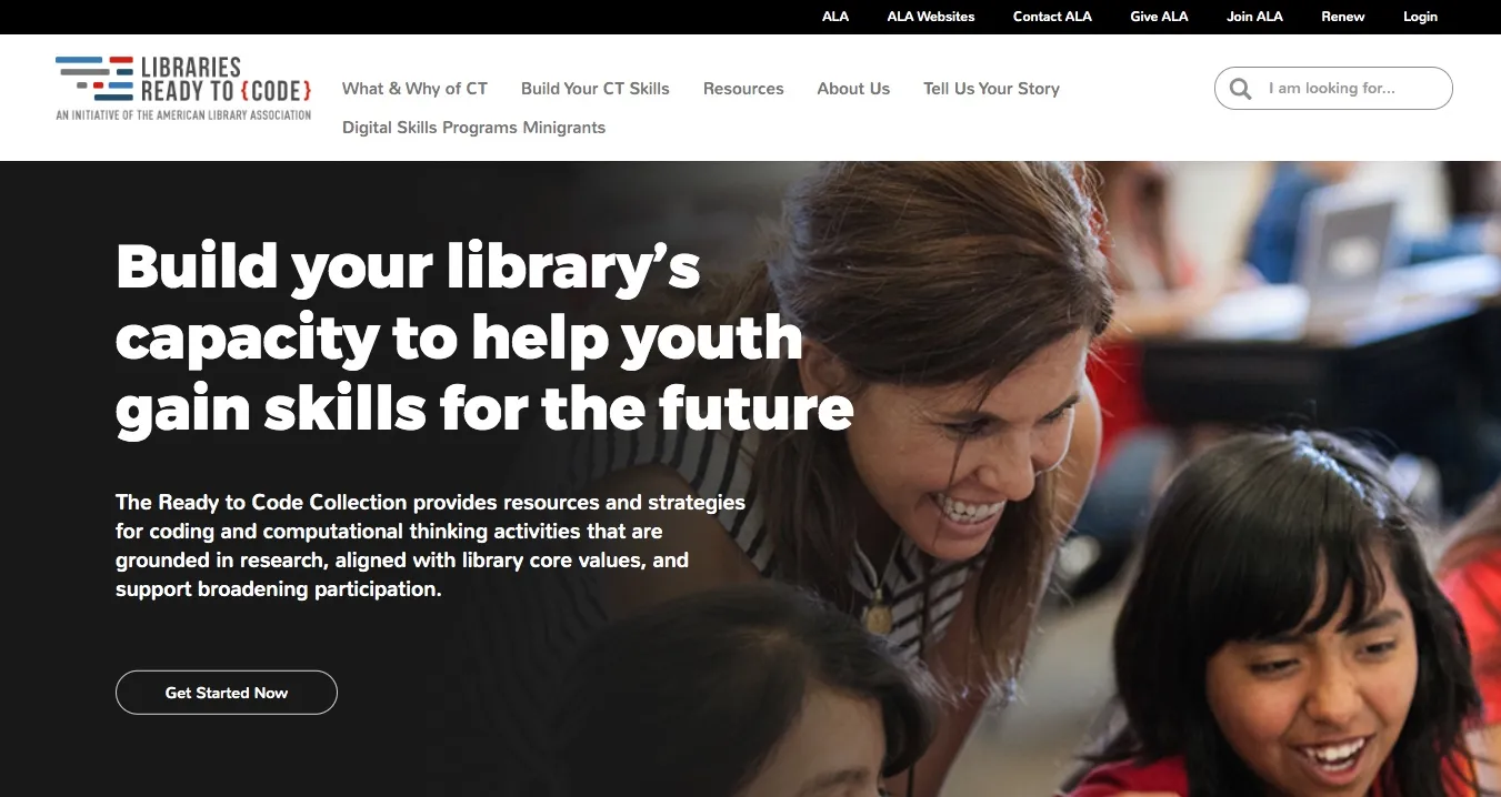 Home page of the Libraries Ready to Code website depicting an adult engaging with a child on a computer