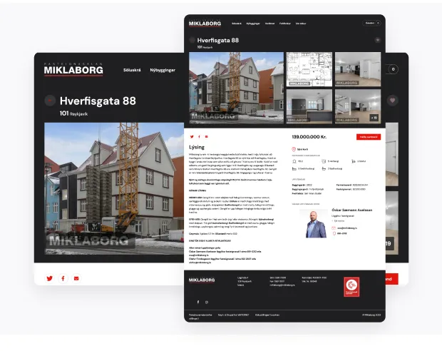 Screenshots of the Miklaborg website on a laptop and mobile display.