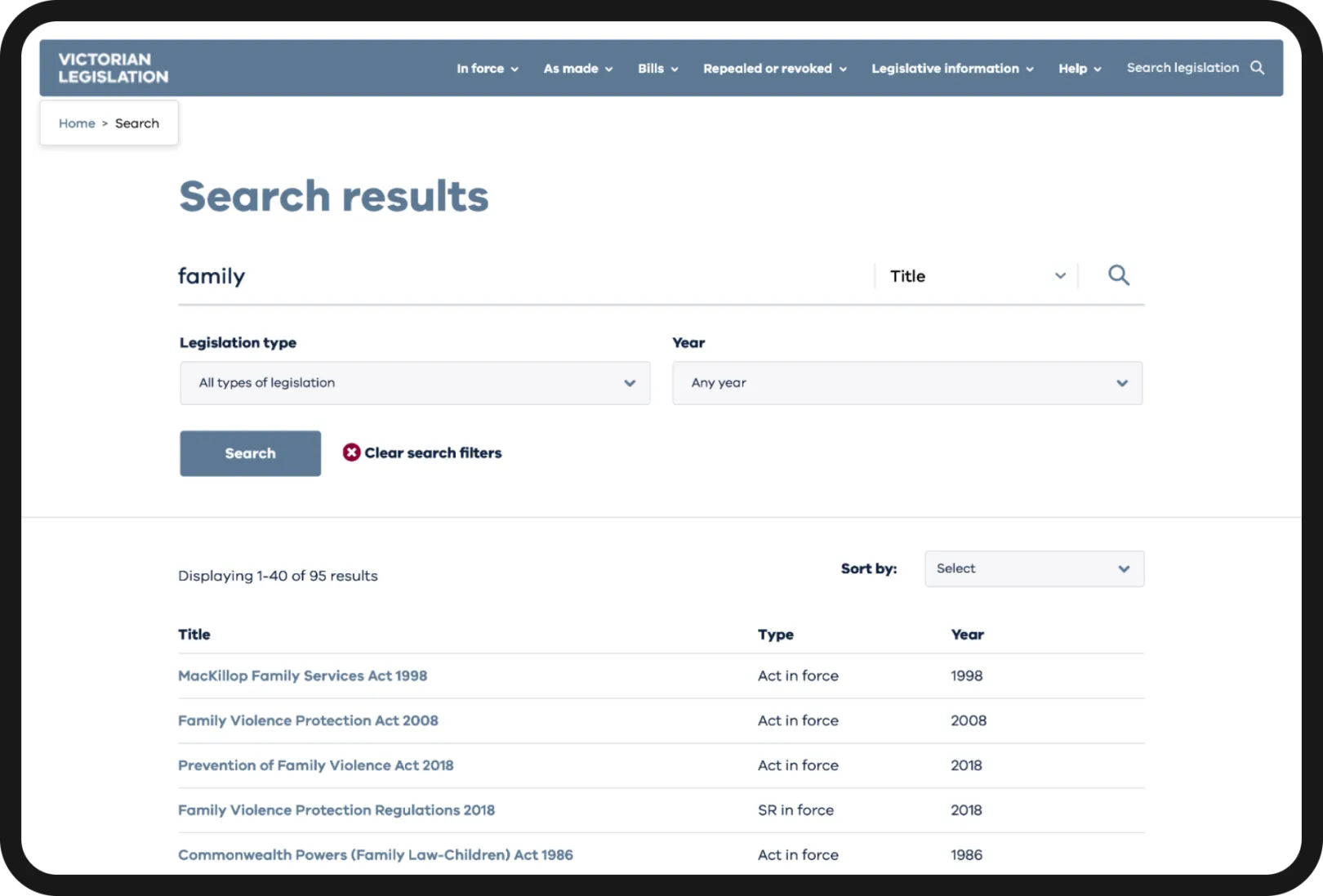 Screenshot of a custom listing page on legislation.vic.gov.au, showing results for a search on 'family' with dropdown filters available for 'Legislation type' and 'Year'.