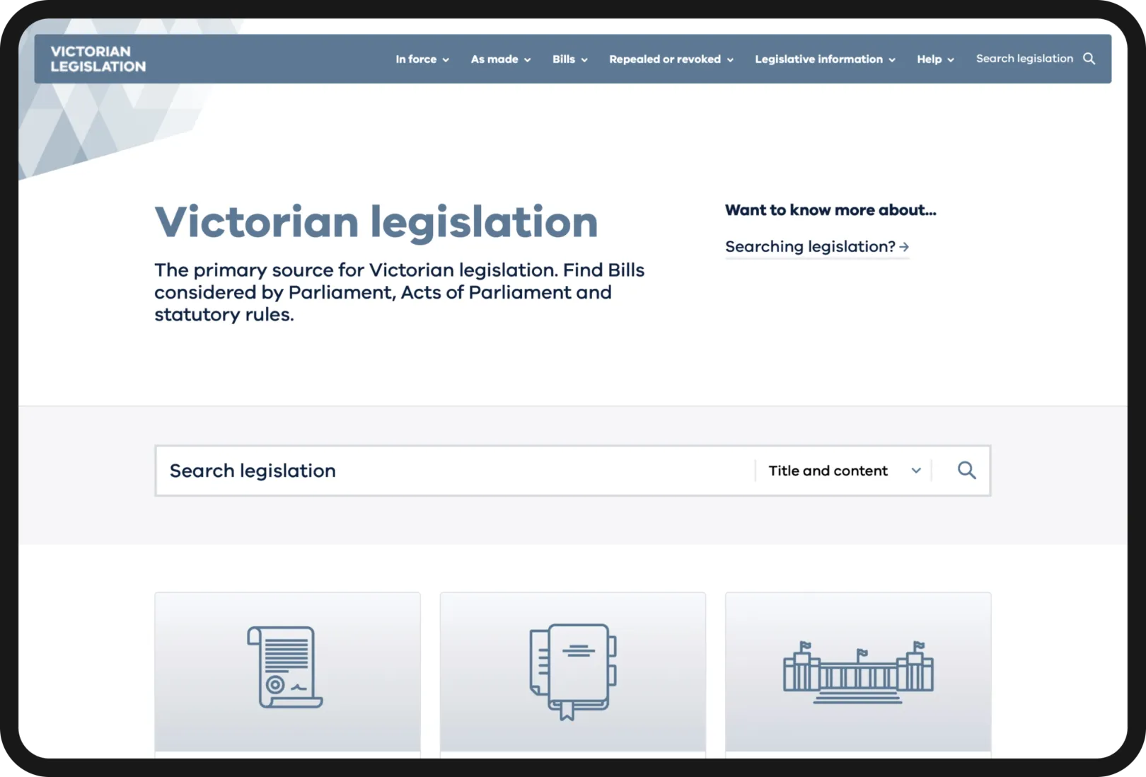 Screenshot of the legislation.vic.gov.au homepage, showing a prominent search bar (for searching legislation) and legislation-related icons.