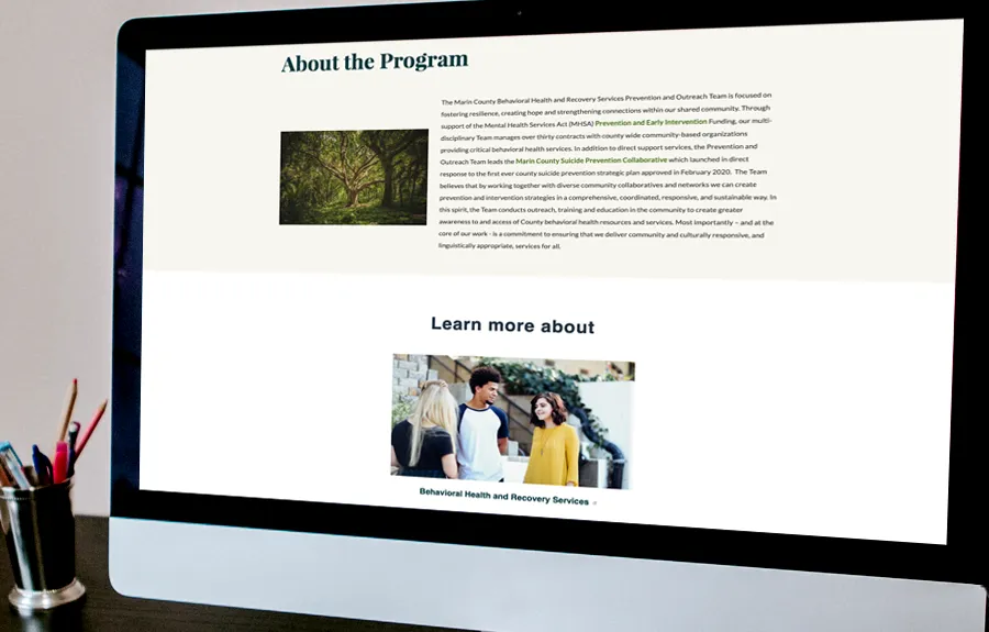 Marin County Behavioral Health and Recovery Services Prevention and Outreach Screenshot