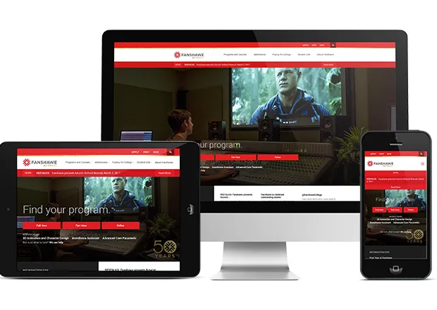 Desktop, mobile, and tablet versions of the Fanshawe College website
