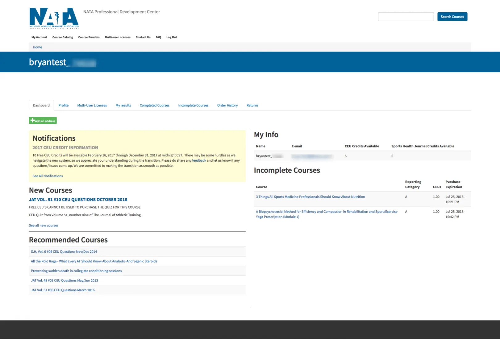 The LMS Dashboard seen when a user logs into the NATA PDC website