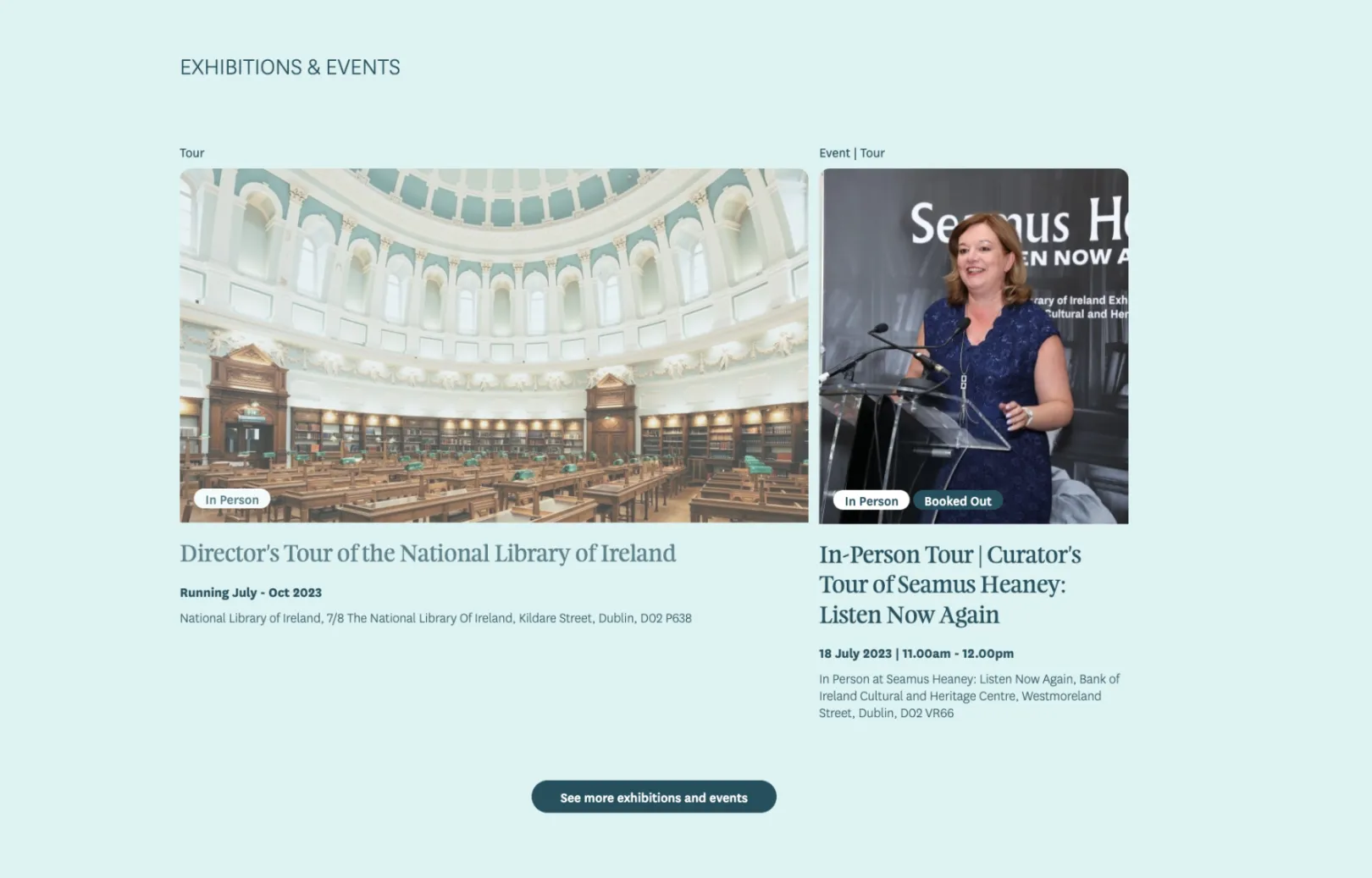 Teaser listing for exhibition and events showing an image for each, along with the event or exhibition title, date and short summary text.