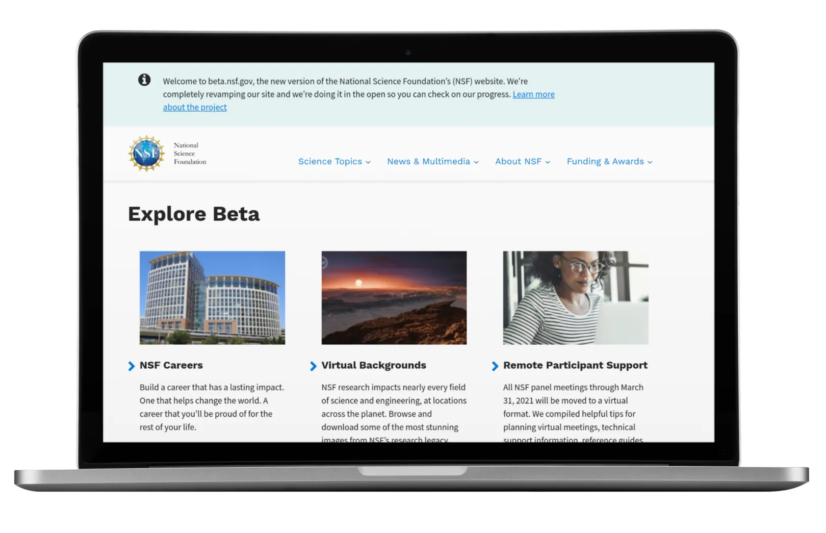Image: The NSF Beta website. A modern and sleek design with vibrant colors. 
