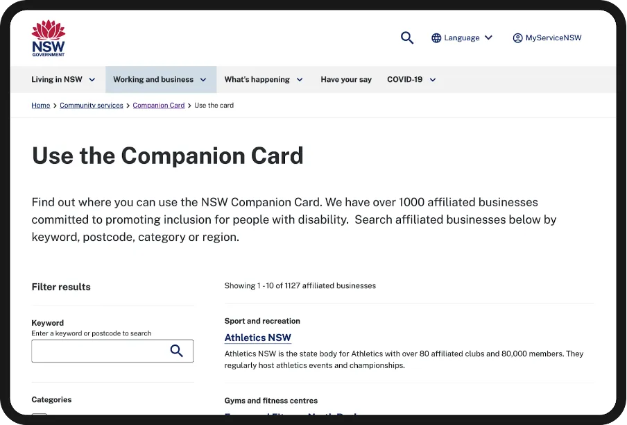 Image of Companion Card search listing of affiliated businesses with the ability to search by keyword or filter by category or region.