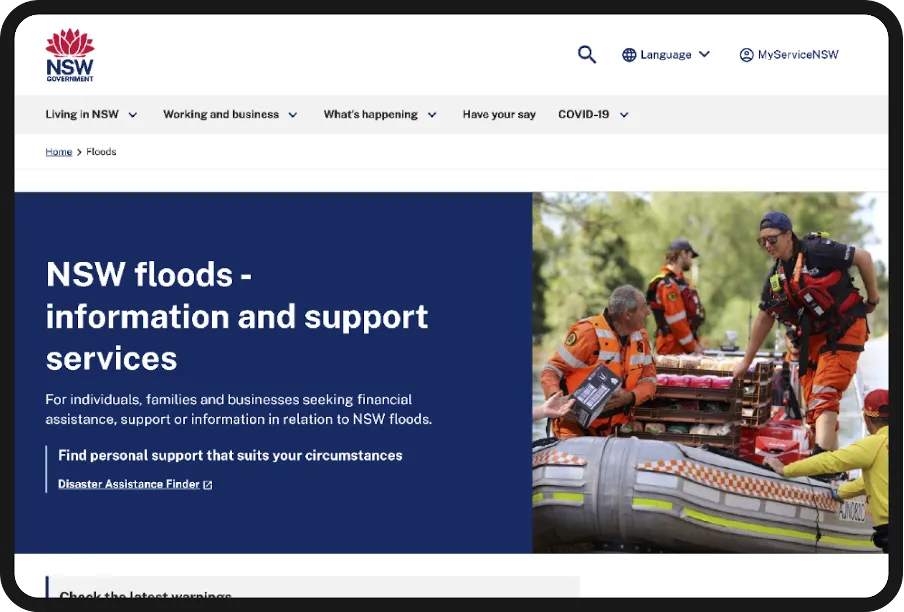 Screenshot of NSW floods page on nsw.gov.au