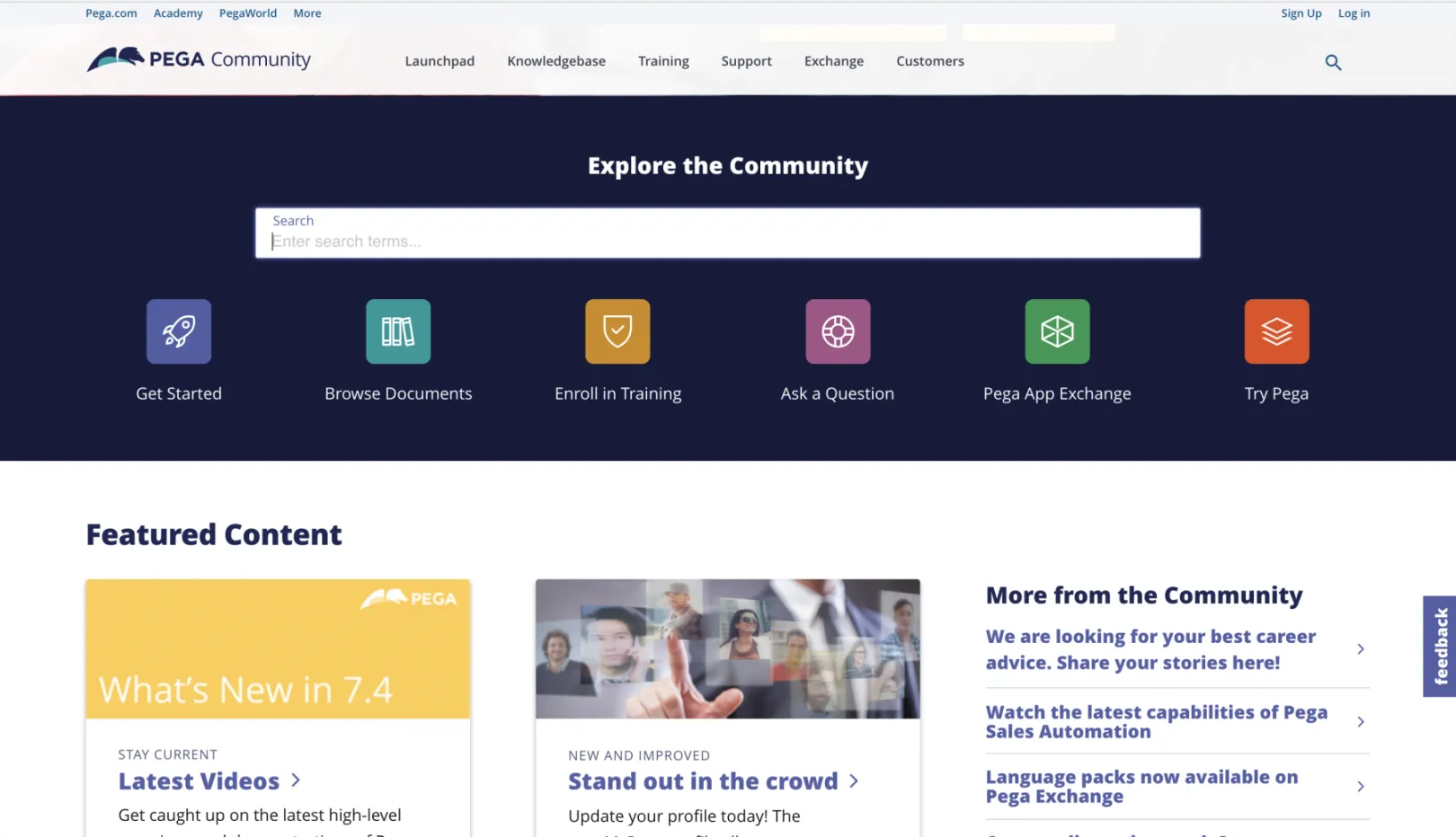 Pega Community homepage lower half screenshot