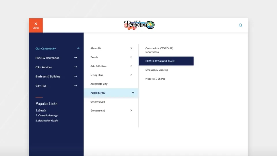 Penticton website menu 