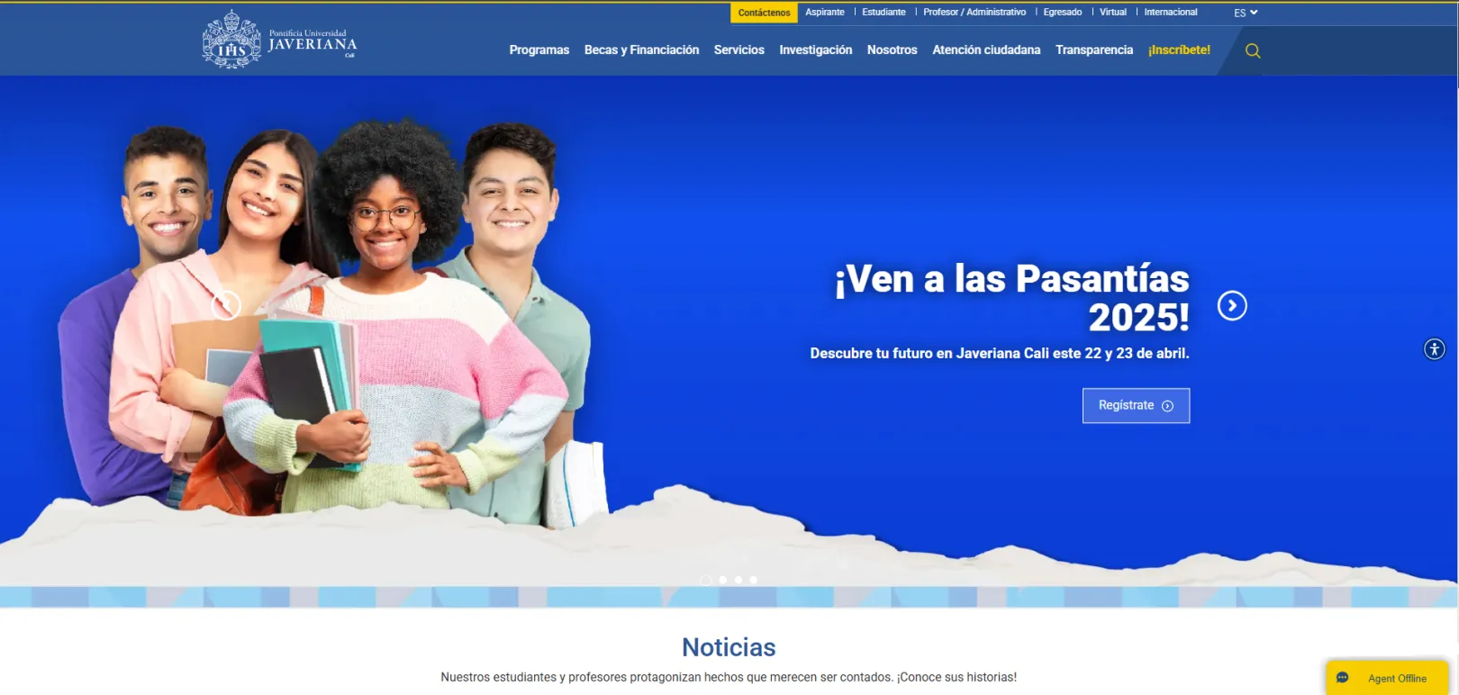 Pontificia Universidad Javeriana Cali homepage interface