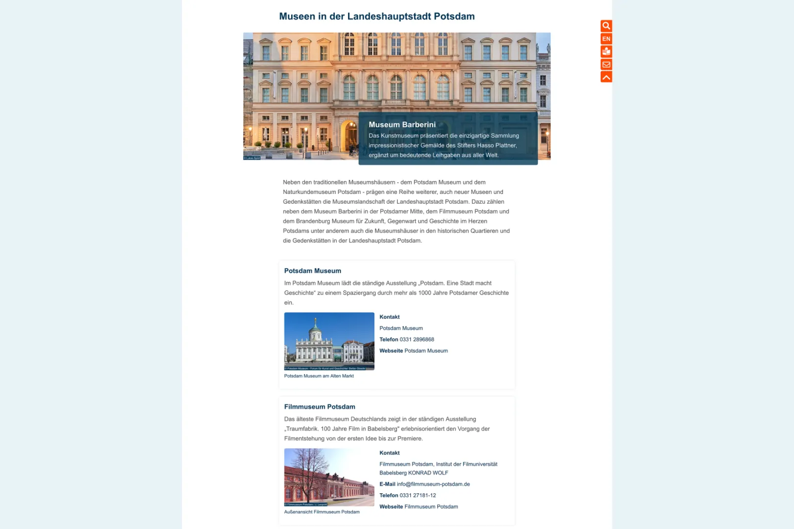 Screenshot of landing page for museums