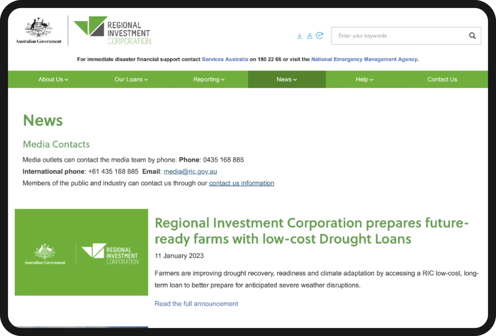 Screenshot of the news listing page on the Regional Investment Corporation website.