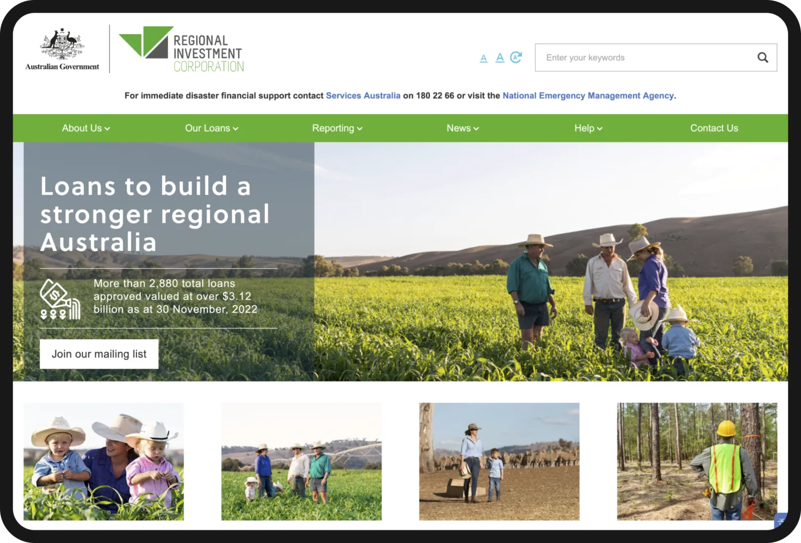 Screenshot of the Regional Investment Corporation's homepage. The homepage shows a lot of photos of people on the land...with crops and with farm animals.