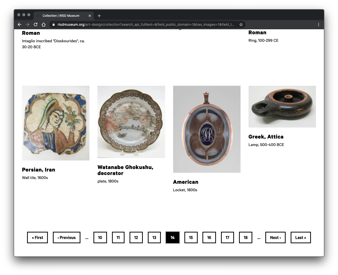 A visual of the RISD Museum Collection Search results, with many many pages in the pagination bar.