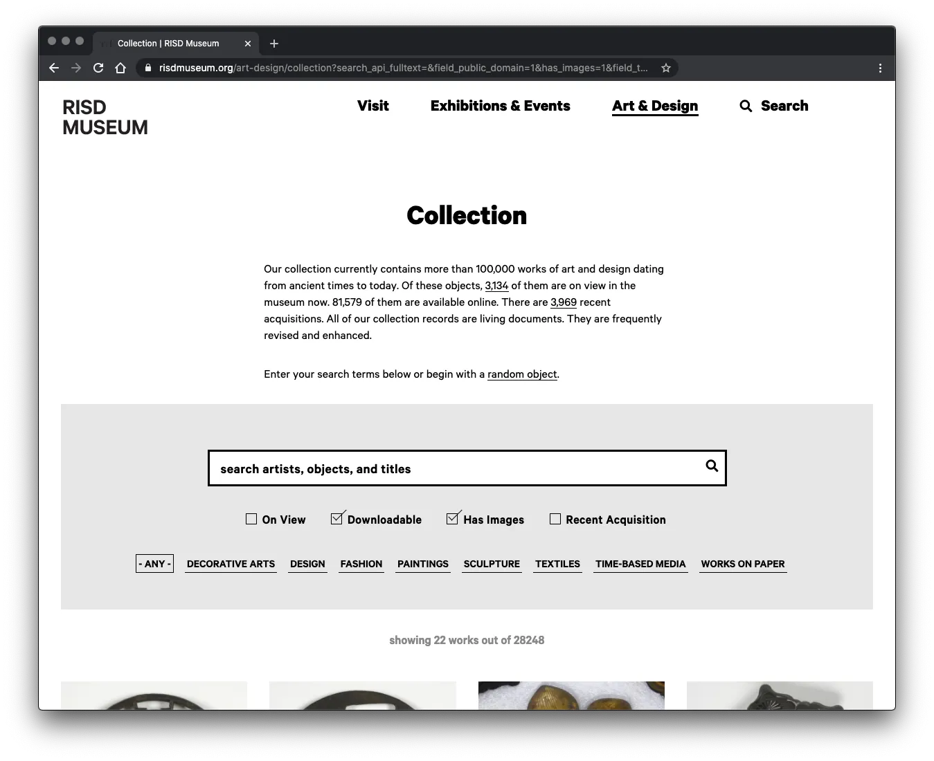 A visual of the RISD Museum Collection Search page. "Downloadable" and "Has Images" are options that are selected.