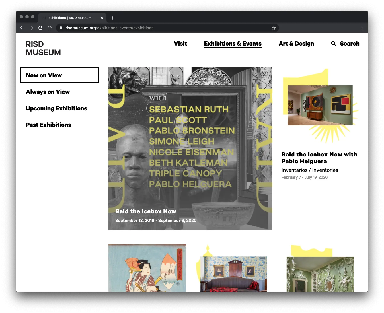 A visual of the RISD Museum Upcoming Exhibitions page