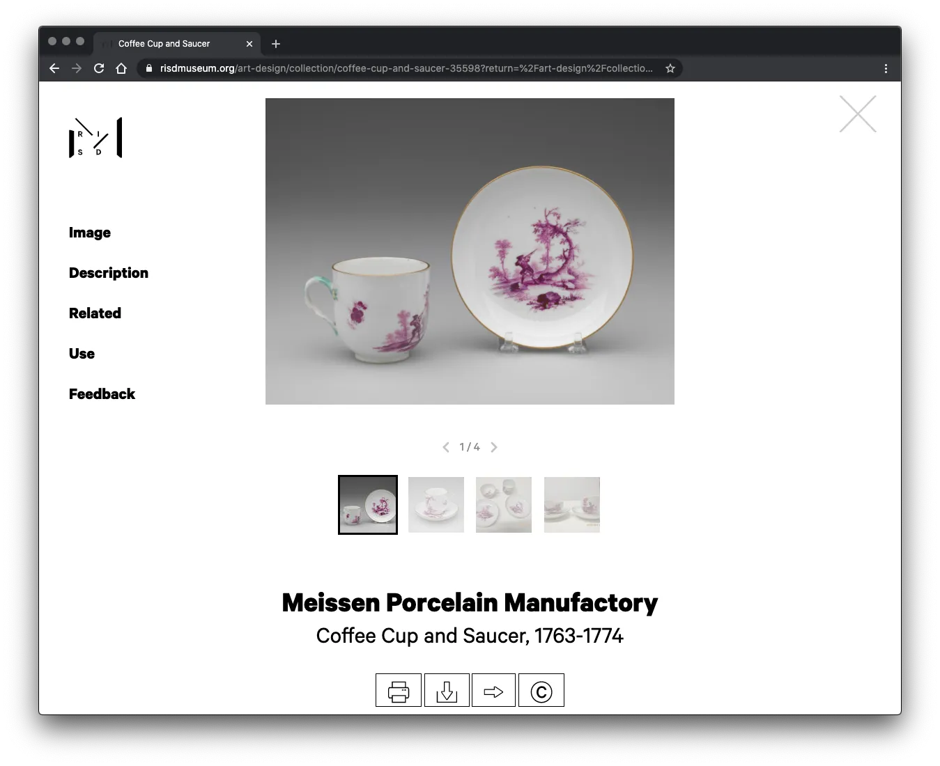 A visual of the RISD Museum Object detail page showcasing a tea cup and plate decorated with a pink magenta floral design.
