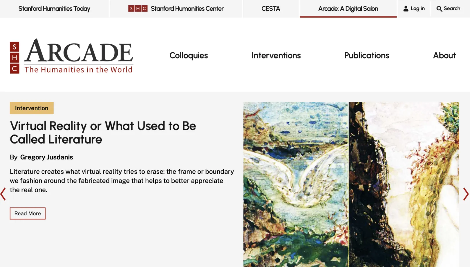 Screenshot of web page featuring rotational spotlight with text and paintings