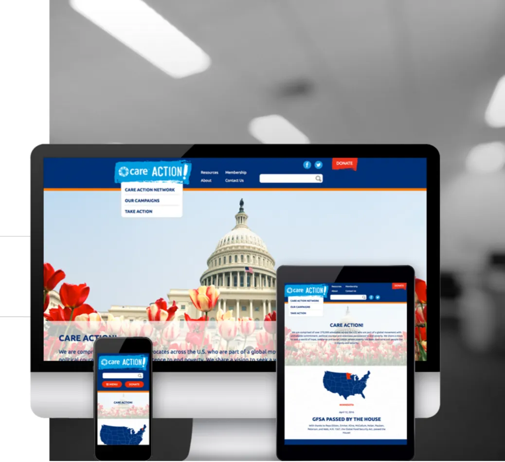 Careaction.org homepage on desktop, mobile, and tablet devices 