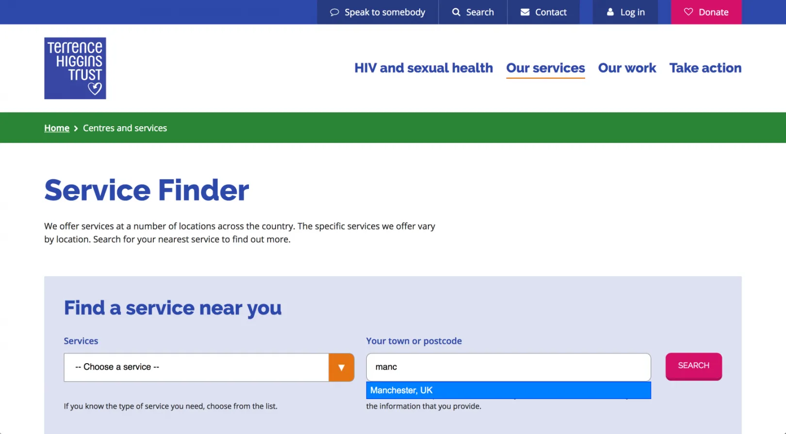 Service finder search screenshot