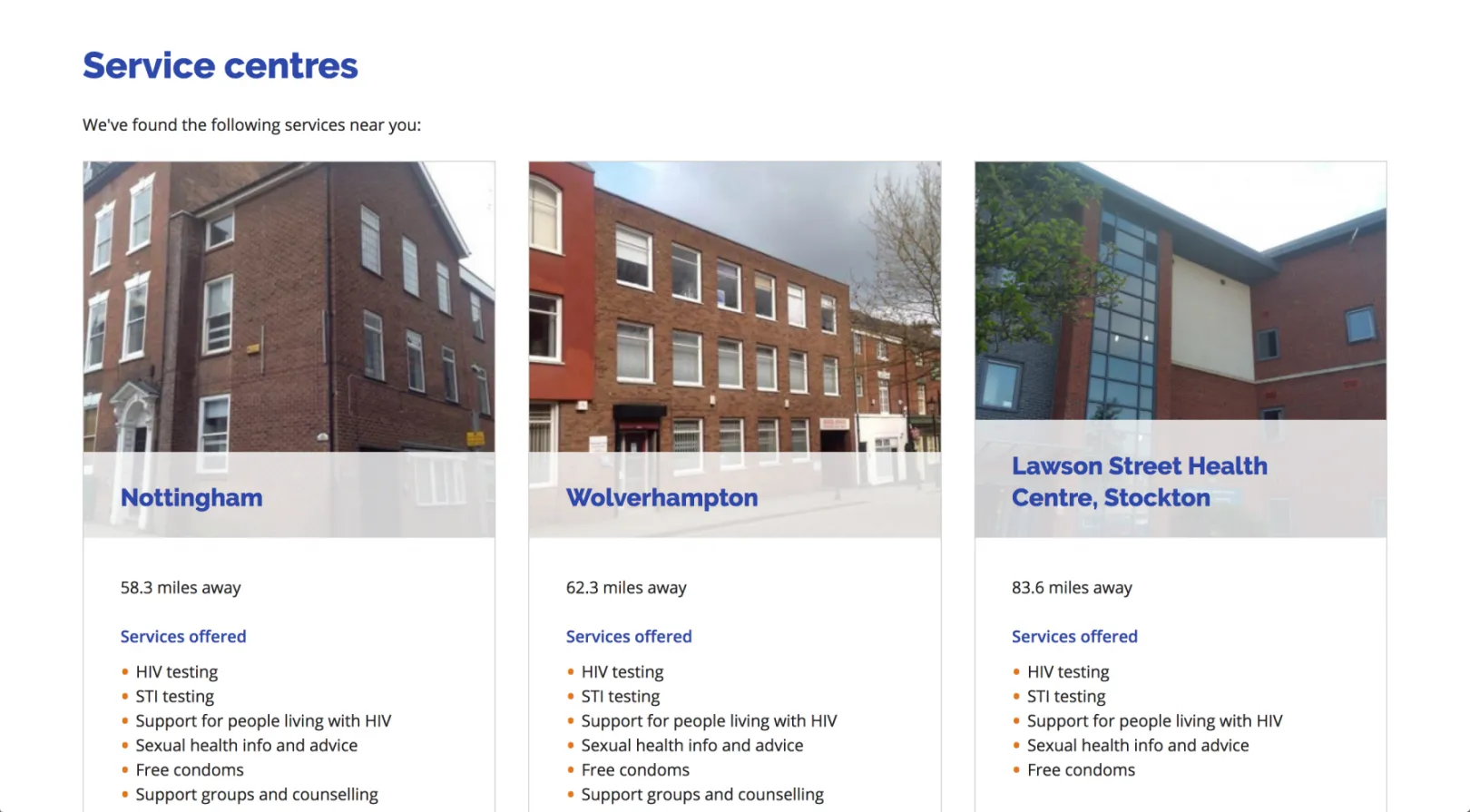 Service centre search results screenshot