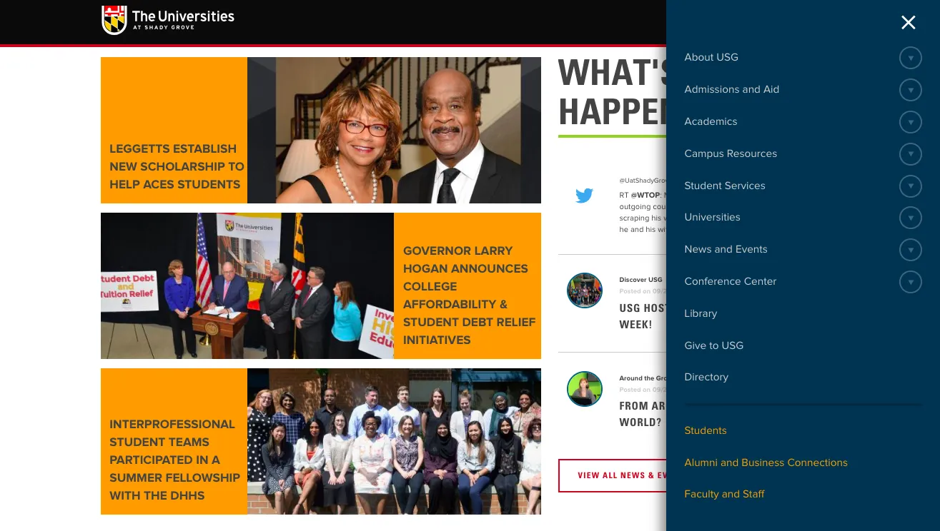 An area of The Universities at Shady Grove's website. The logo at the top left, three articles listed with titles and images, and a side menu navigation in blue on the right with white and orange text.