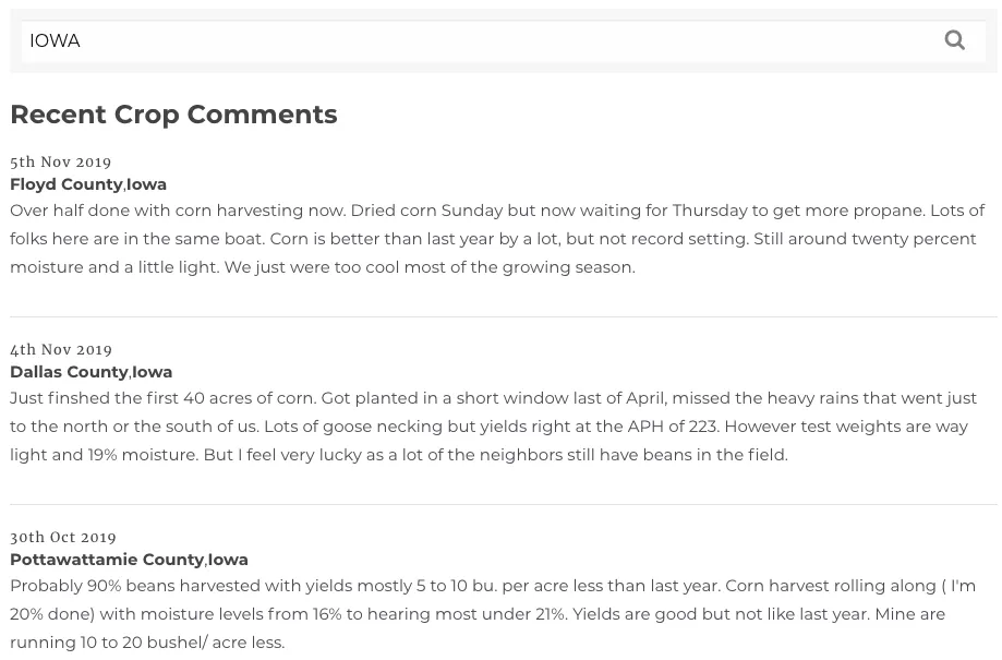 Screenshot of Agweb website showing a search box on top and the search results in text below